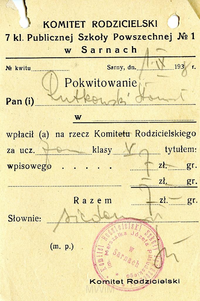 KKE 3541.jpg - Dokument. Stanisław Rutkowski wpłata ma komitet rodzicielski, Dołhe, 1938 r.